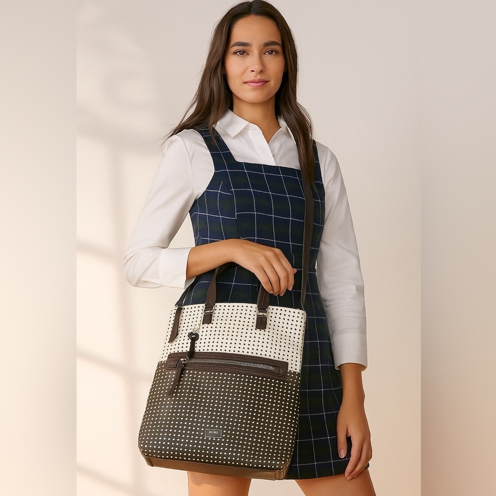 Fossil Two-Tone Perforated Tote in White and Brown